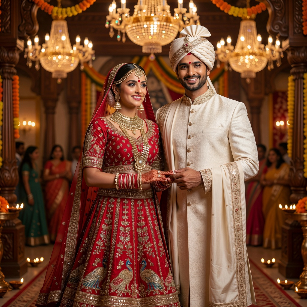 A bride in a red embroidered lehenga and a groom in an ivory sherwani and turban, smiling under chandeliers and marigold garlands at their wedding