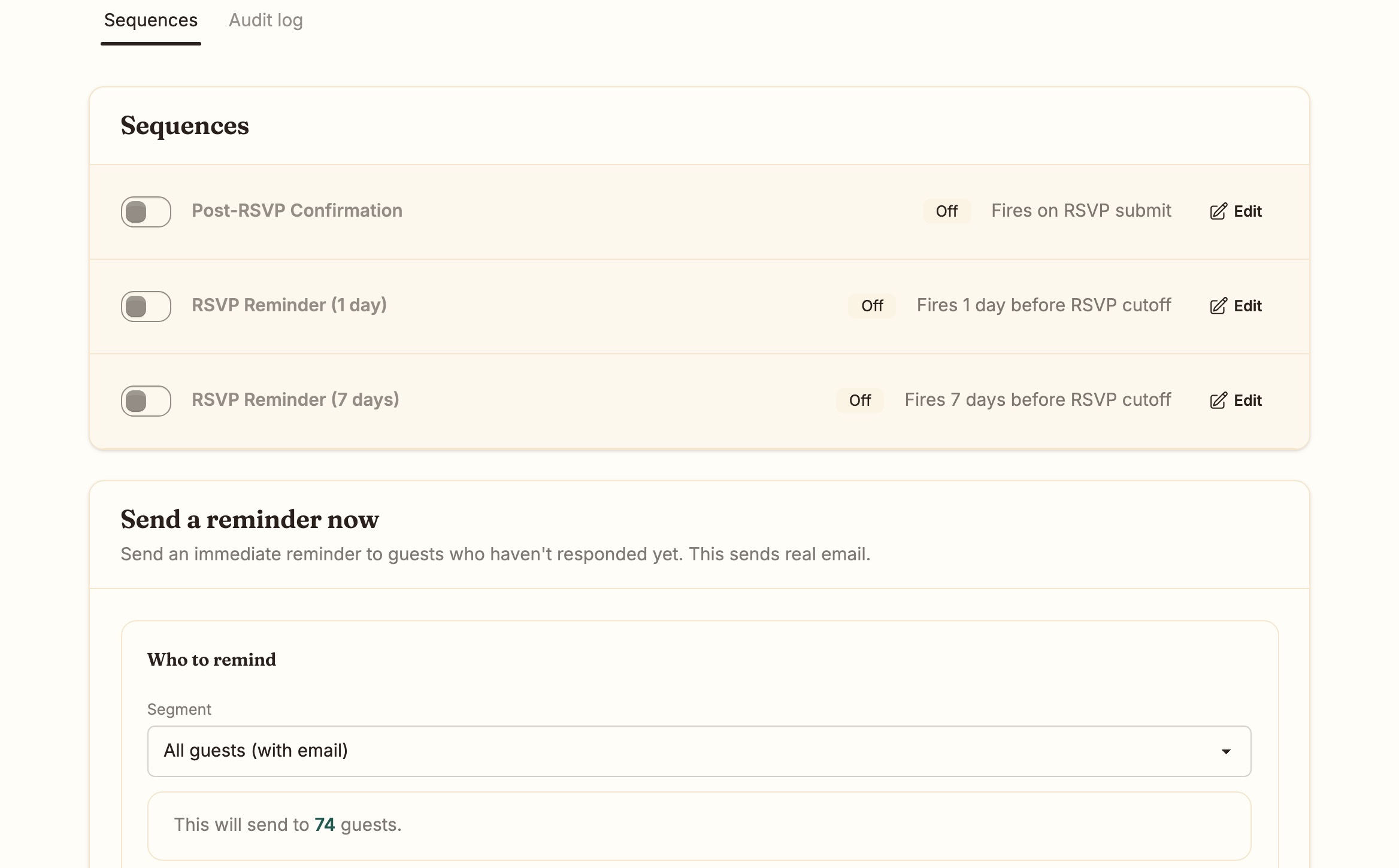 Automation: Post-RSVP Confirmation, RSVP Reminder 1 day, RSVP Reminder 7 days, each with a toggle