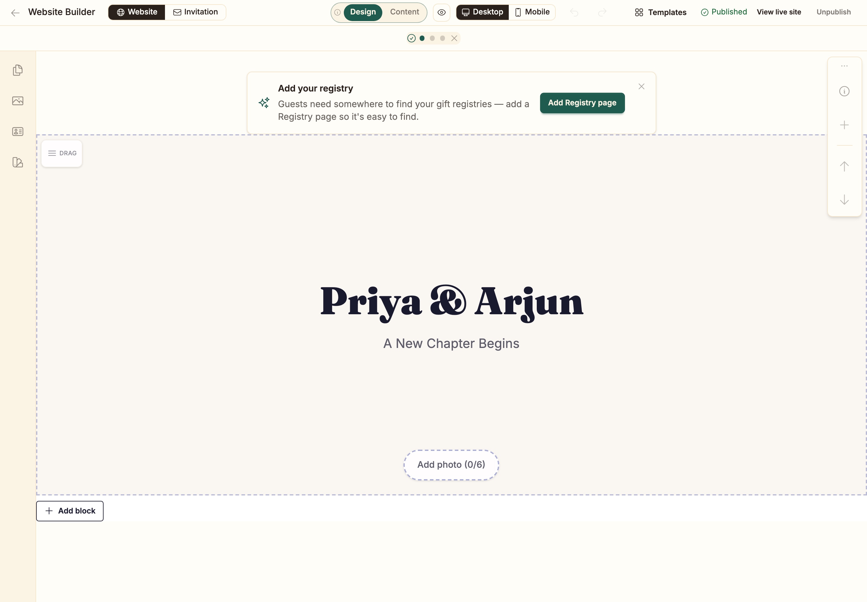 The website builder in Design mode: Priya and Arjun's hero block, with Website and Invitation tabs, Desktop and Mobile preview, Templates and Published