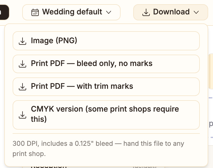 Download menu: Image (PNG), Print PDF with bleed only, Print PDF with trim marks, CMYK version