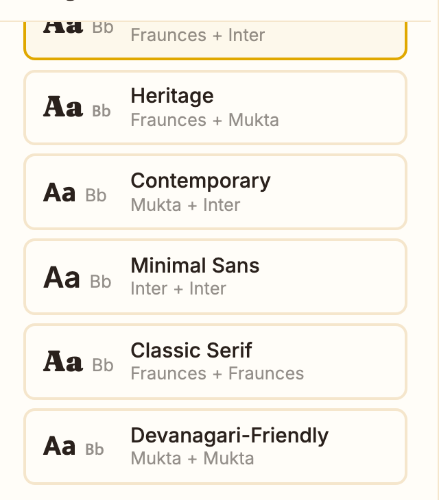 Typography pairings: Heritage, Contemporary, Minimal Sans, Classic Serif, Devanagari-Friendly