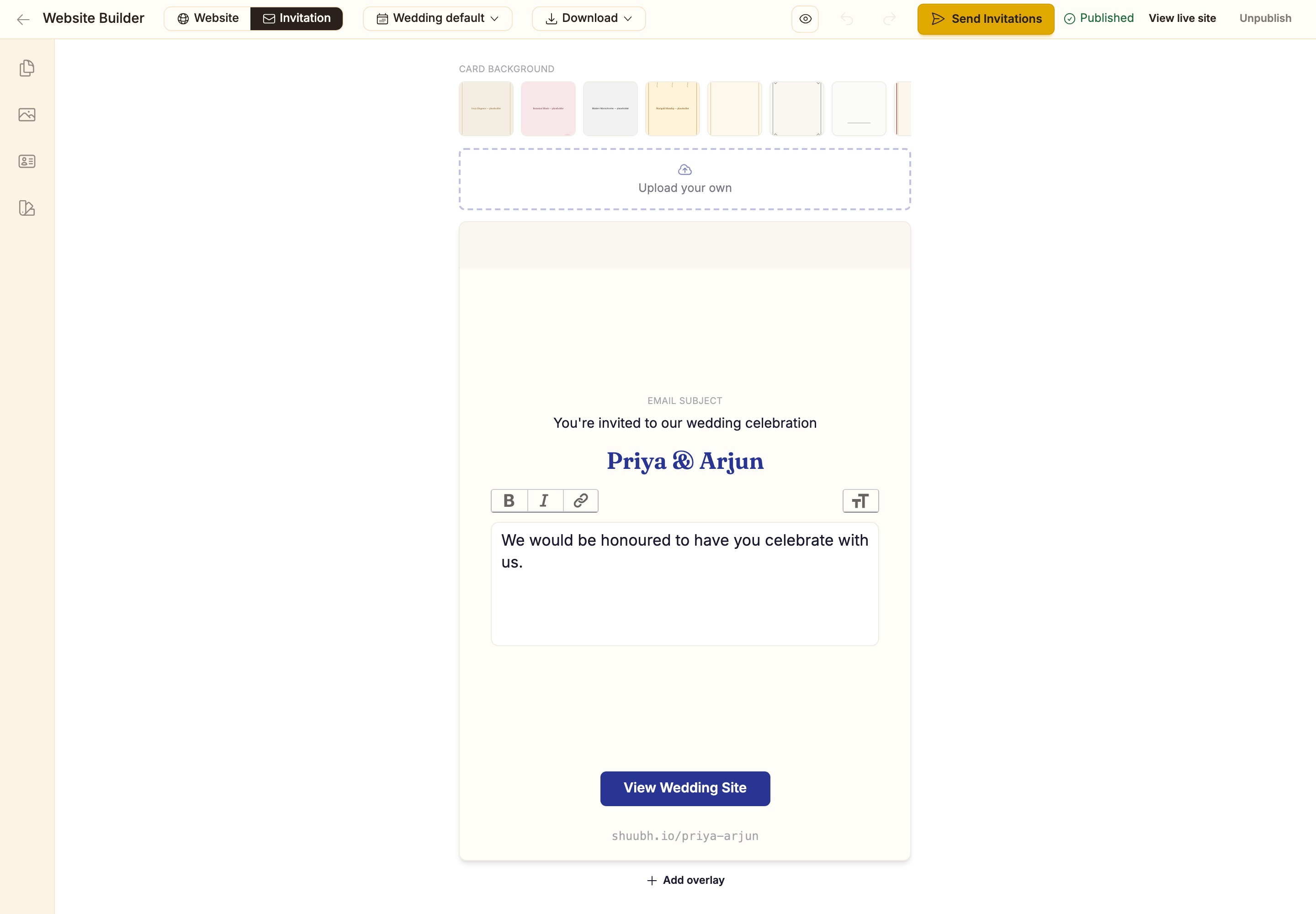 The invitation editor: card backgrounds along the top, the card with subject, names and editable text, a View Wedding Site button