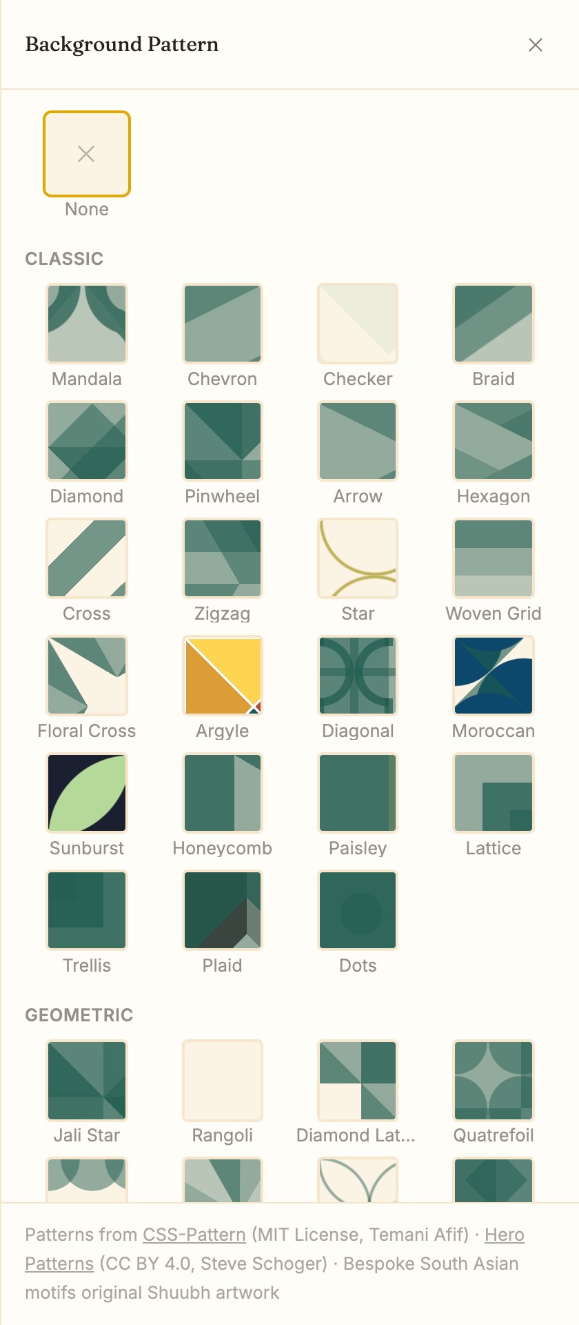 Background pattern picker: Classic and Geometric sets including Mandala, Jali Star, Rangoli, Paisley