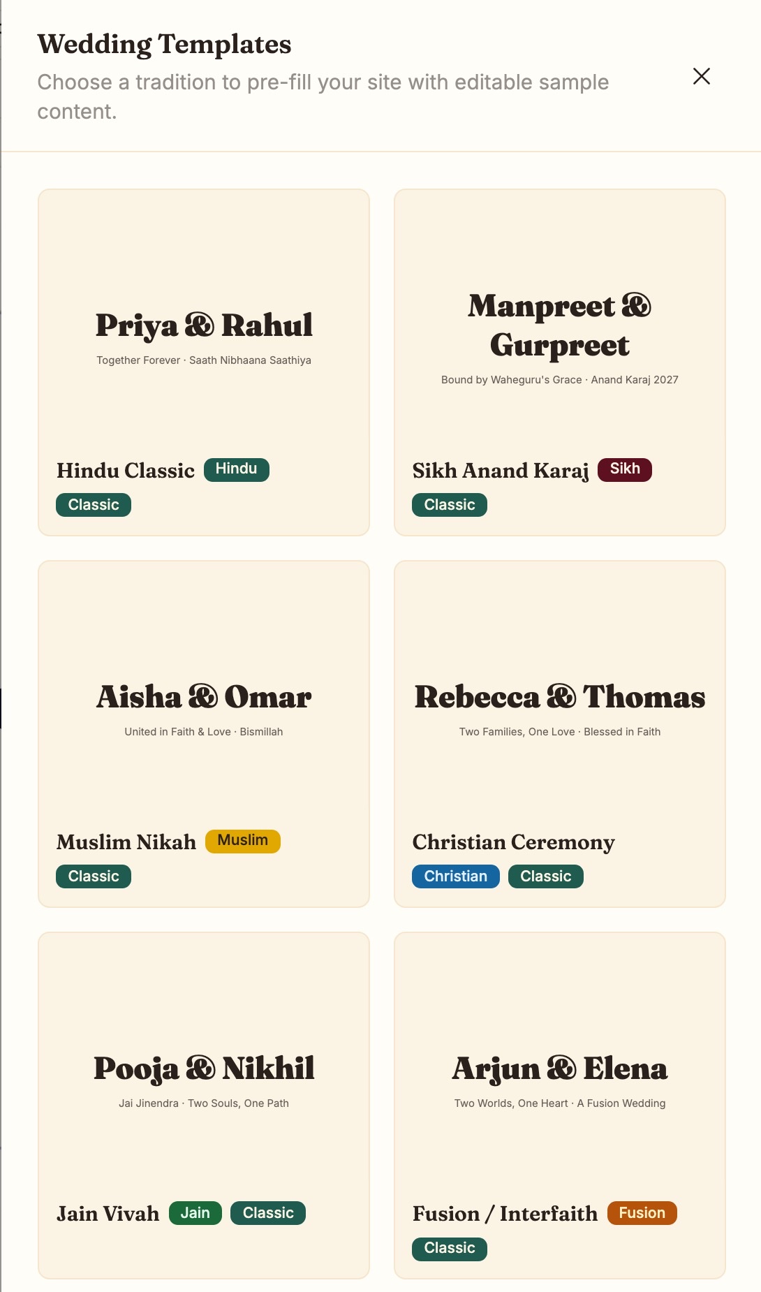 Wedding templates: Hindu Classic, Sikh Anand Karaj, Muslim Nikah, Christian Ceremony, Jain Vivah, Fusion