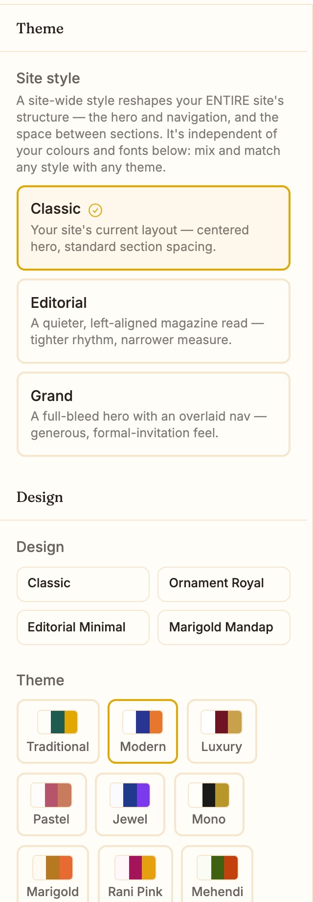 The Theme panel: site style, design, and palette swatches