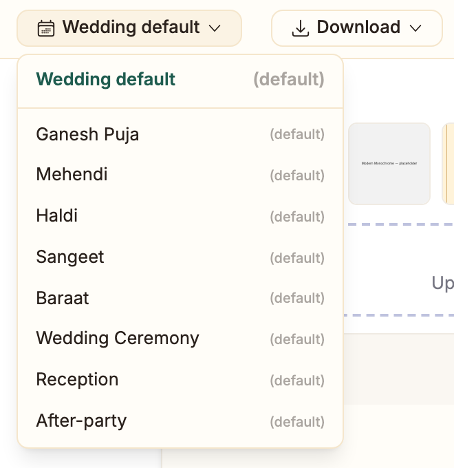 The event menu in the editor: Wedding default, then Ganesh Puja, Mehendi, Haldi, Sangeet, Baraat, Wedding Ceremony, Reception and After-party