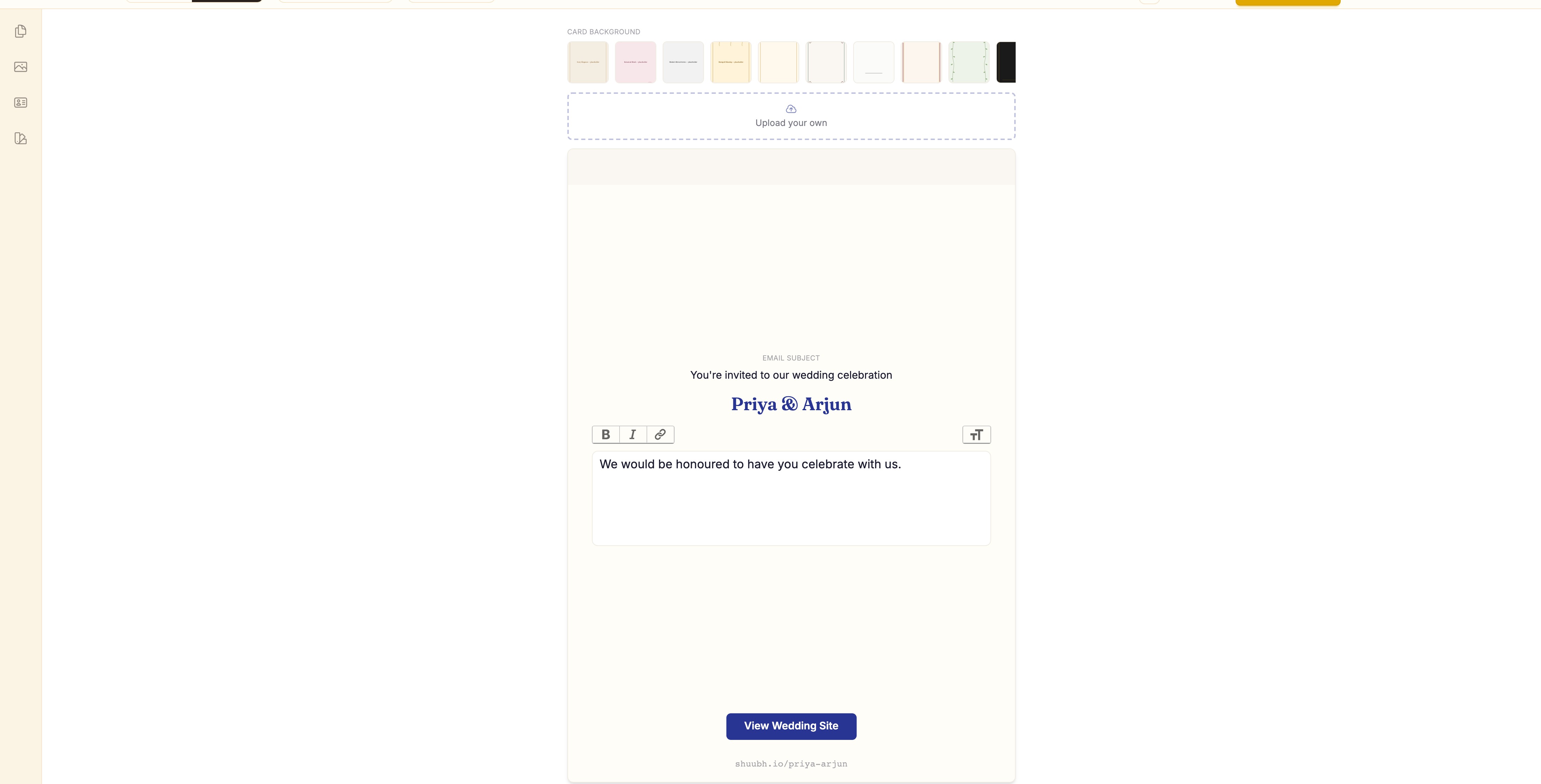 Shuubh email invitation editor with live preview