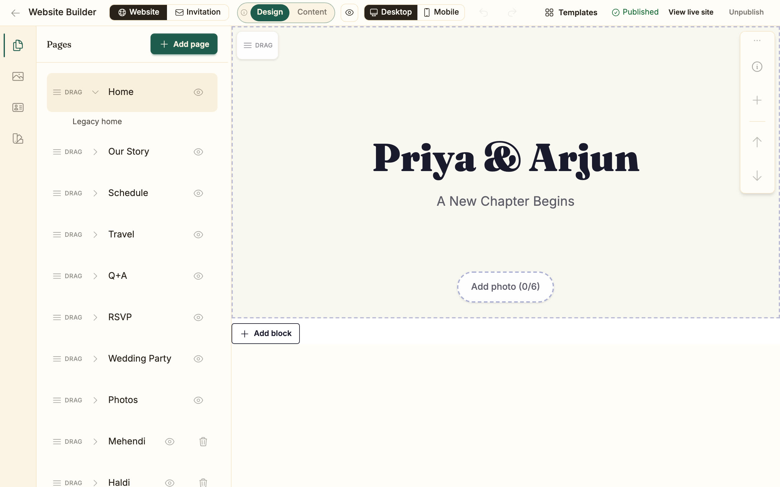 A Shuubh wedding website with a page for every event