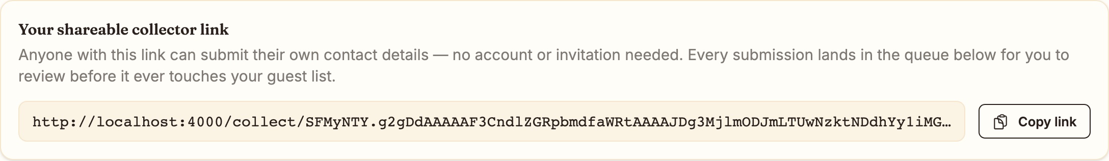 Your shareable collector link, with a Copy link button