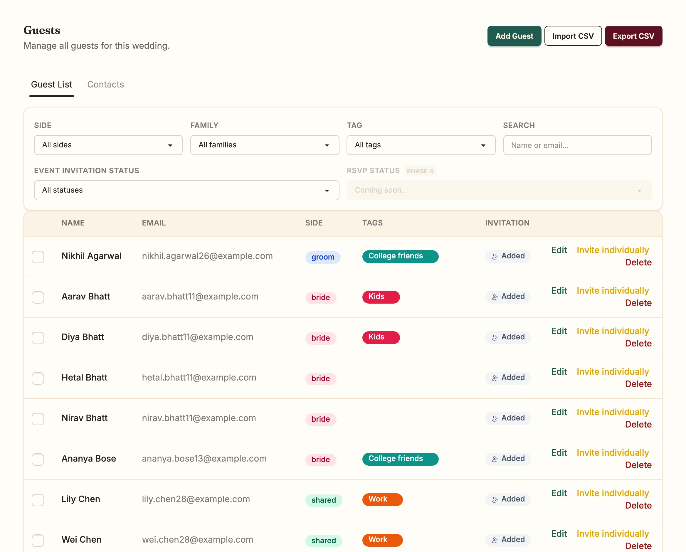 The guest list: filters for side, family, tag and status, then rows with name, email, side, colour tags and invitation status