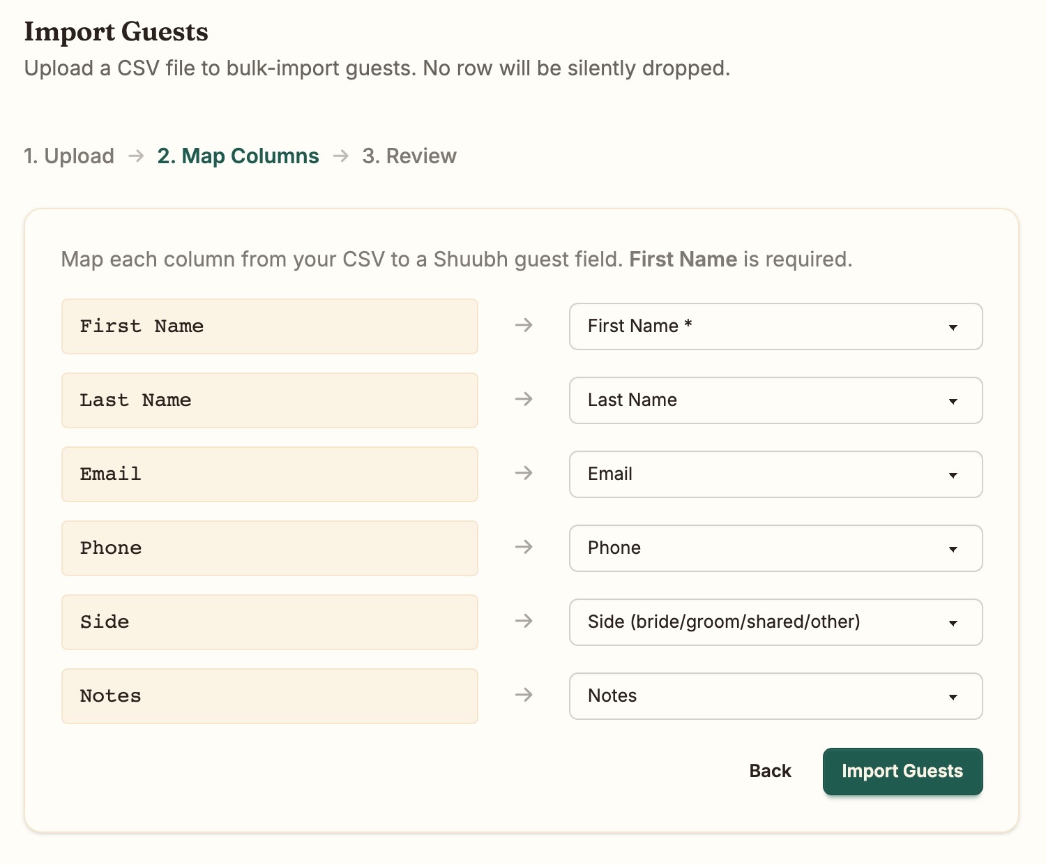 Import guests, step 2 of 3: each CSV column mapped to a Shuubh field