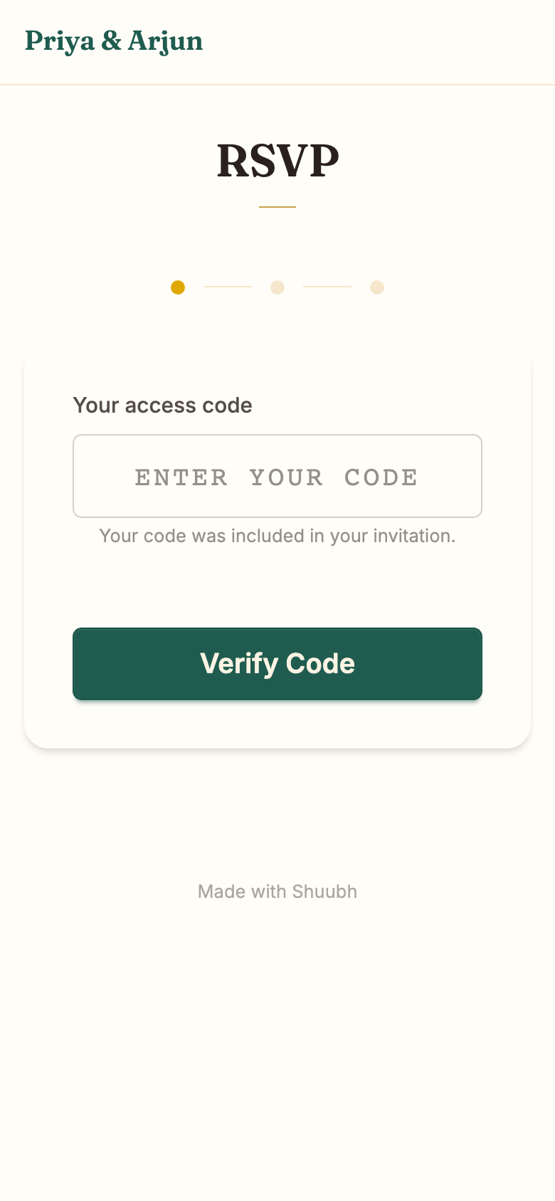 The RSVP code screen on a phone