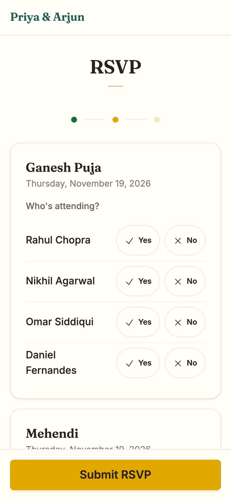 The guest RSVP page on a phone