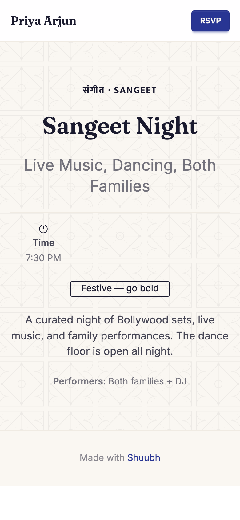 The Sangeet Night page on a phone