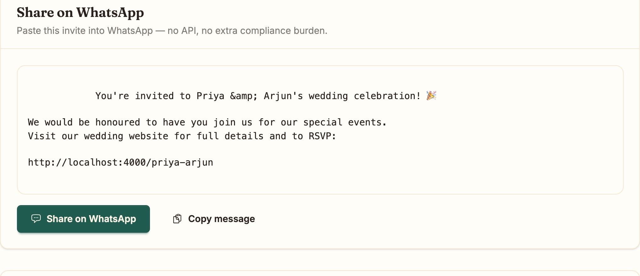 Share on WhatsApp: a pre-written invite to paste, with Share on WhatsApp and Copy message buttons