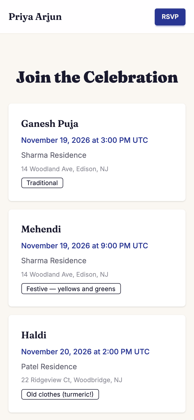 The Priya and Arjun wedding site on a phone, showing the eight-event schedule