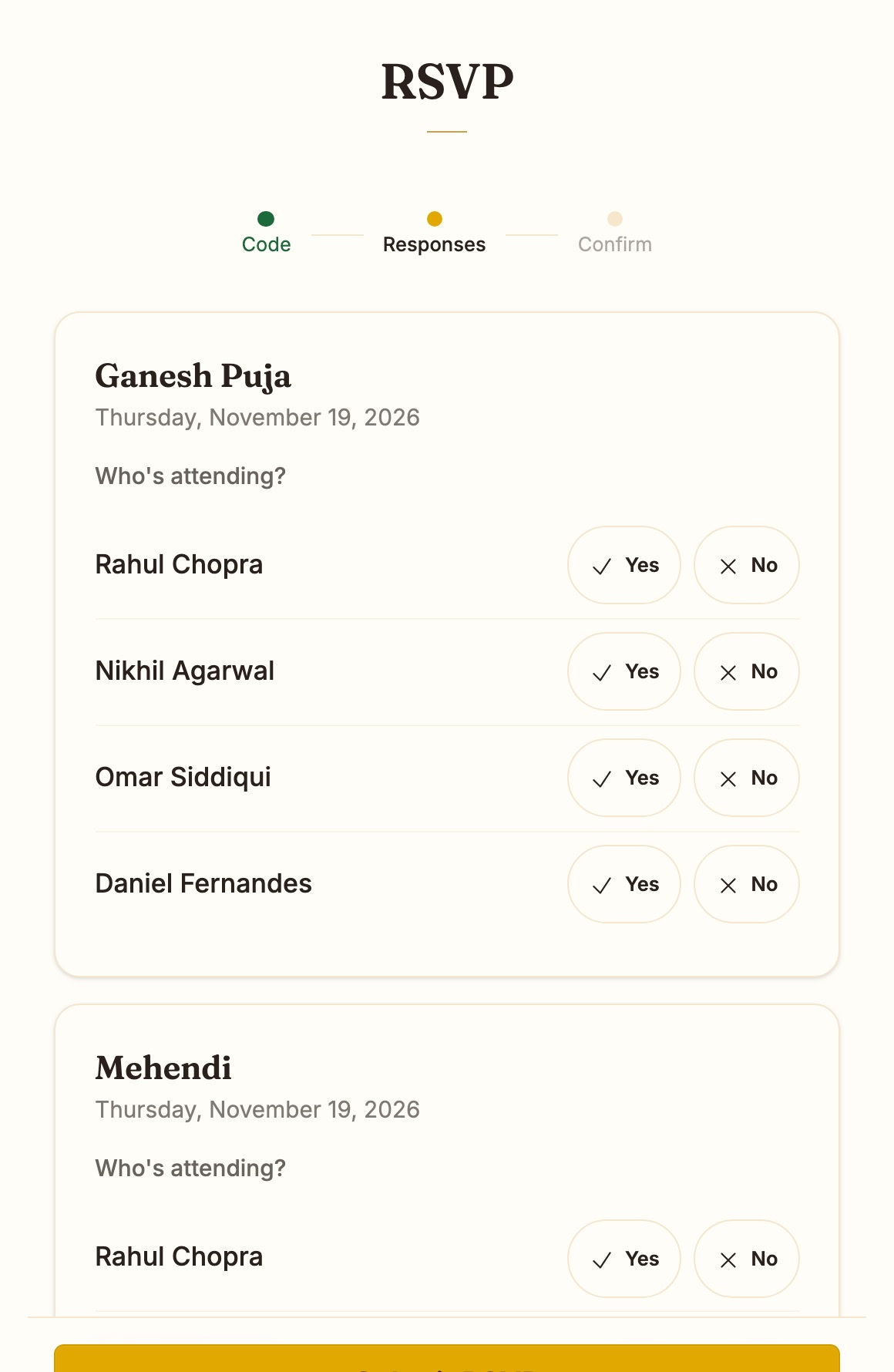 The RSVP page listing Ganesh Puja and Mehendi with Yes and No for each person