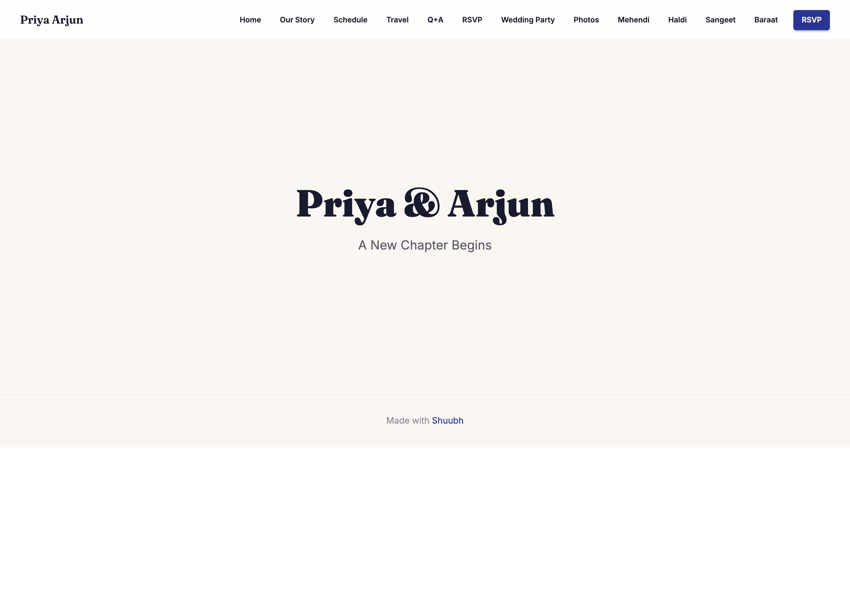 The published Priya and Arjun wedding site: nav with Home, Our Story, Schedule, Travel, Q+A, RSVP, Wedding Party, Photos, Mehendi, Haldi, Sangeet, Baraat
