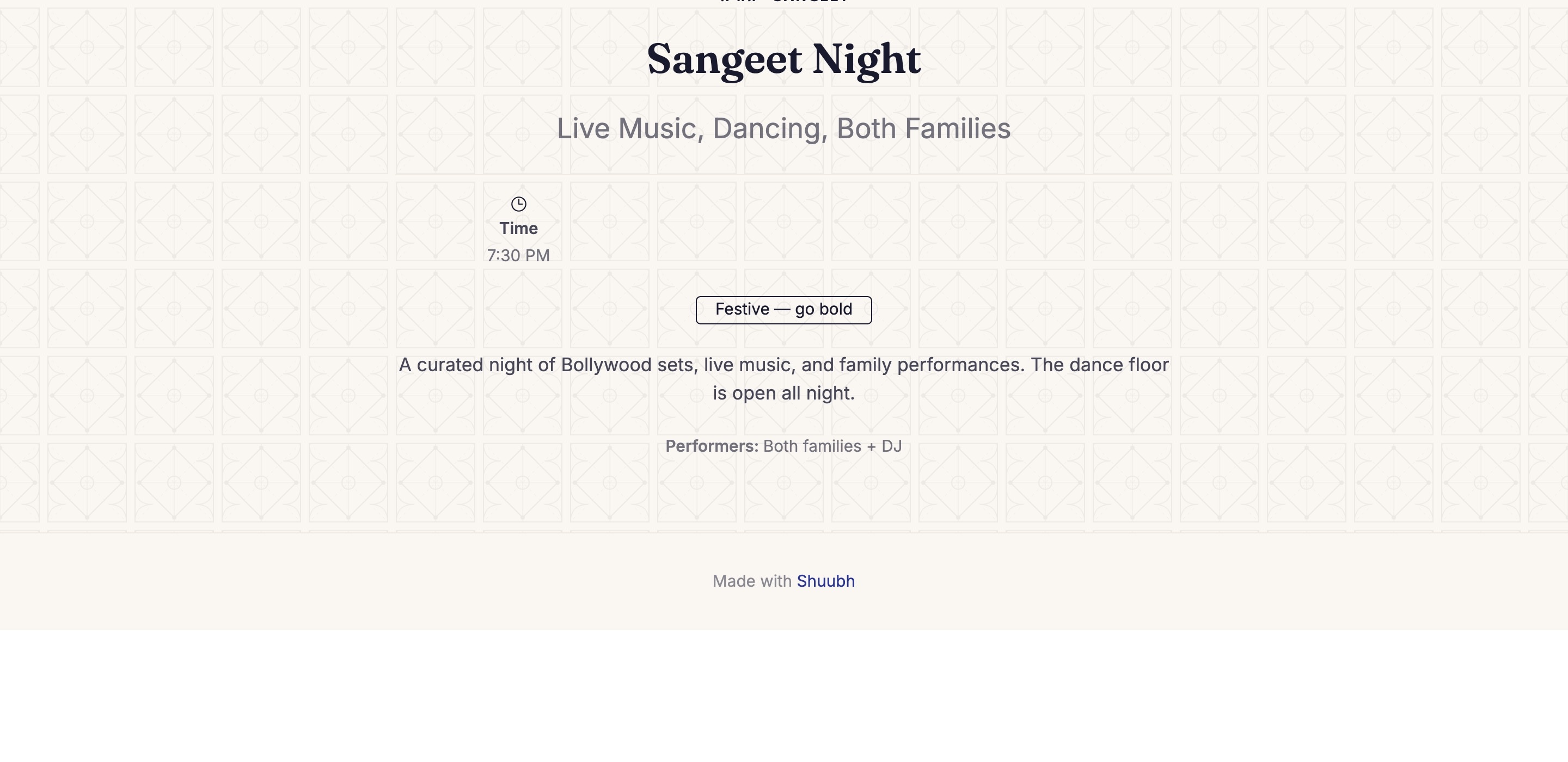 The Sangeet Night page: time, dress code, description