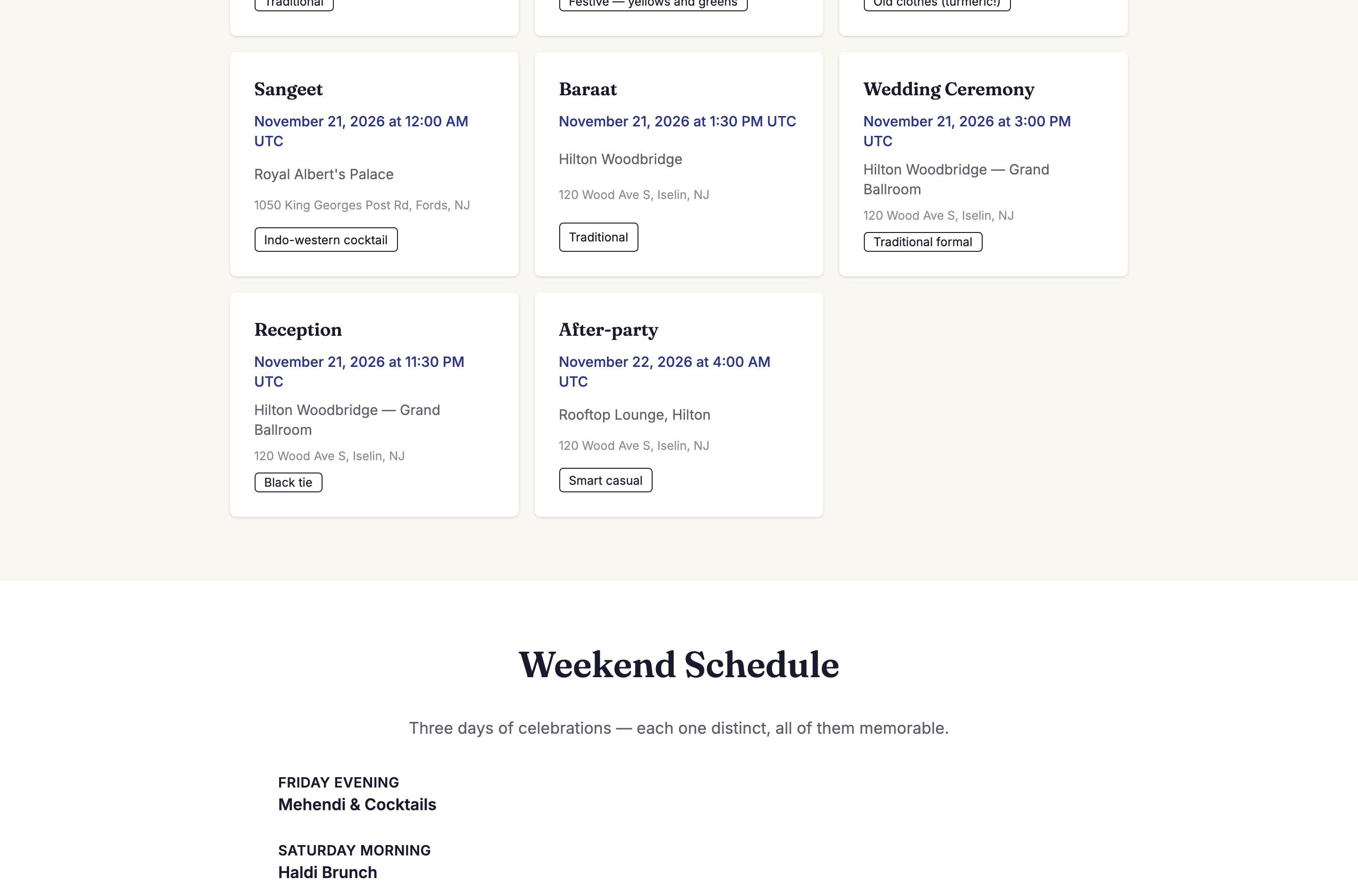 The published site: Join the Celebration, eight event cards with venue, address and dress code