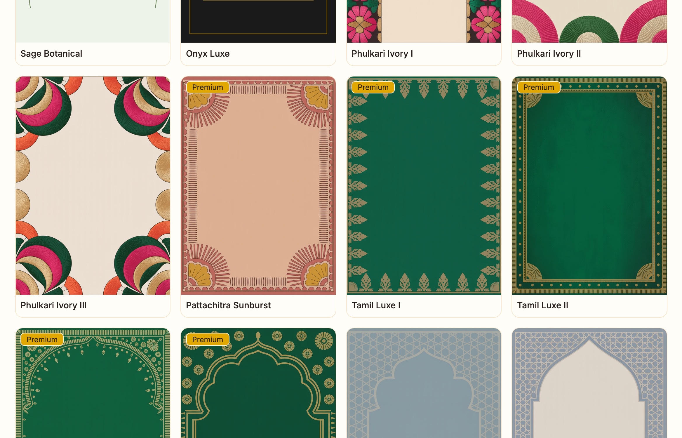 Card designs: Phulkari Ivory, Pattachitra Sunburst, Tamil Luxe, Temple Arch Gold, Jaali Lattice