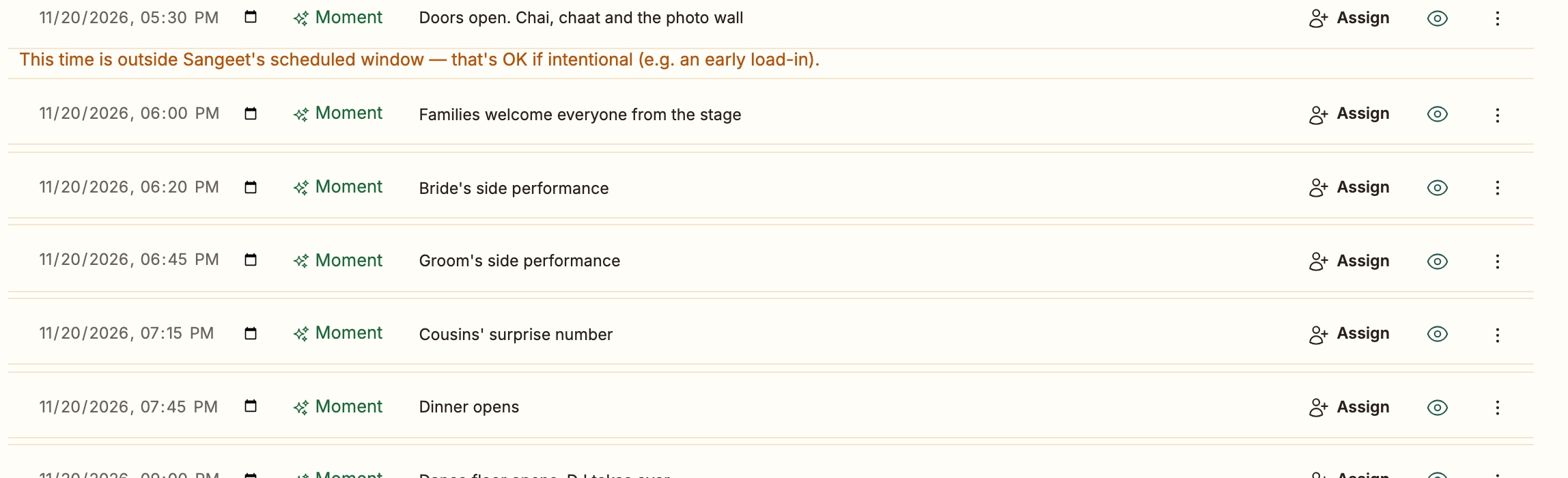 Timeline rows with an Assign button and a visibility toggle beside each item