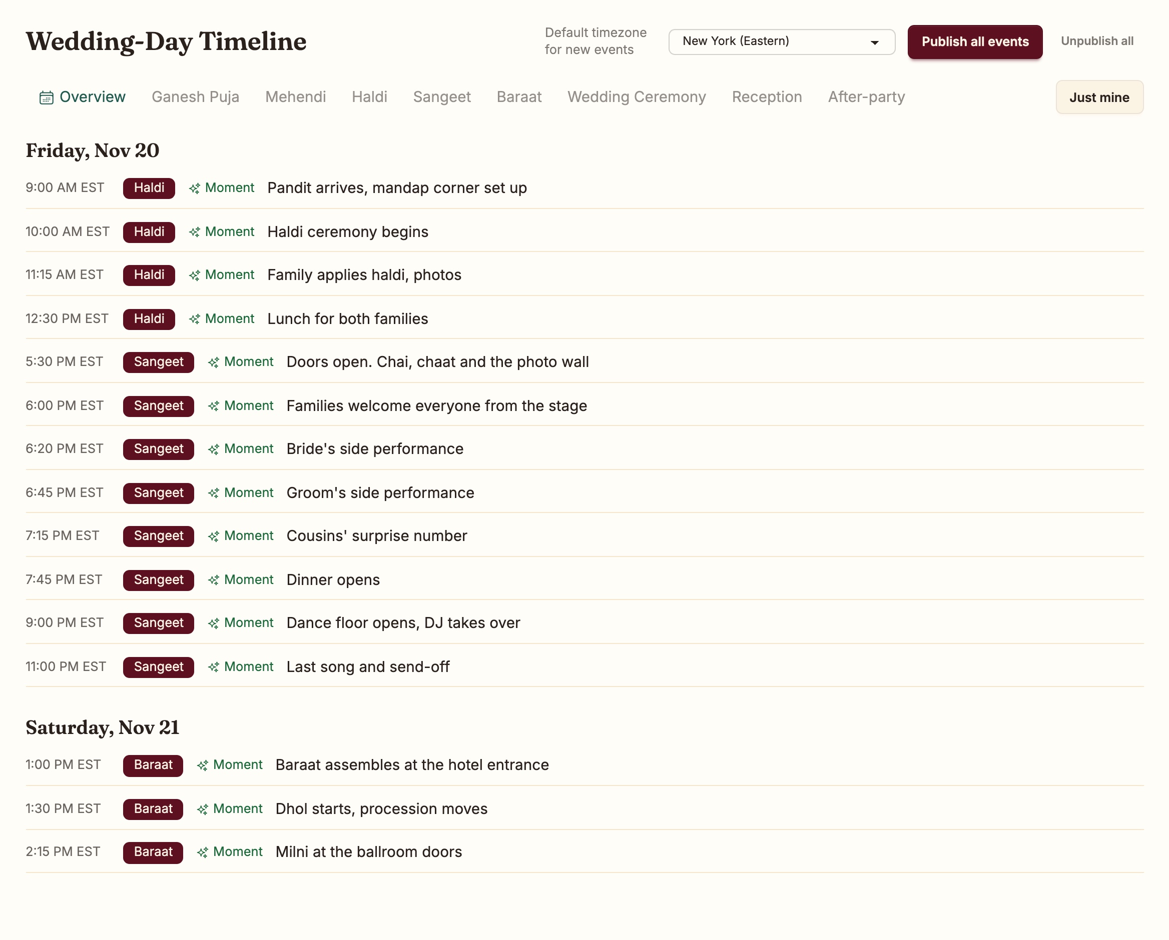 Timeline overview: Friday Nov 20 with Haldi and Sangeet items, Saturday Nov 21 with Baraat items