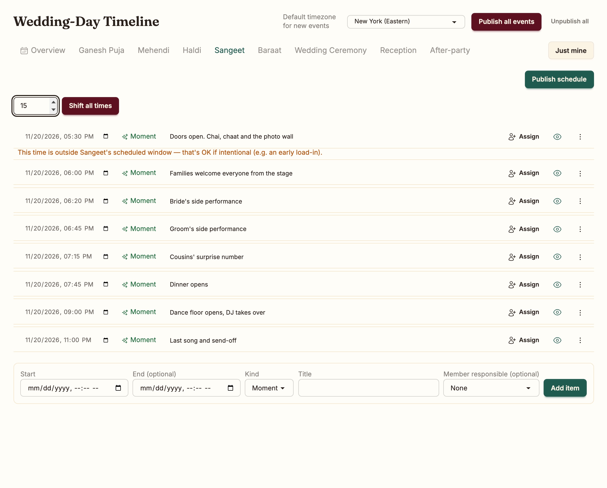 Wedding-day timeline, Sangeet tab: eight items from doors open at 5:30 to last song at 11:00, with Shift all times set to 15
