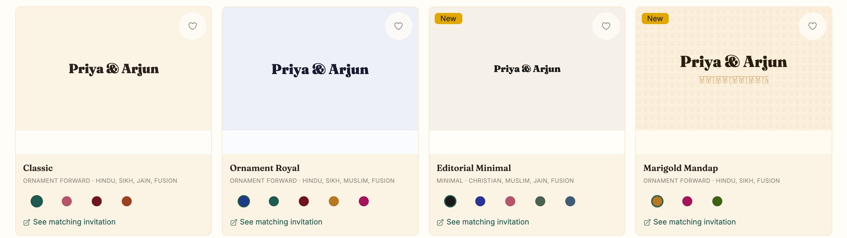 Website designs: Classic, Ornament Royal, Editorial Minimal, Marigold Mandap, each with its colourways